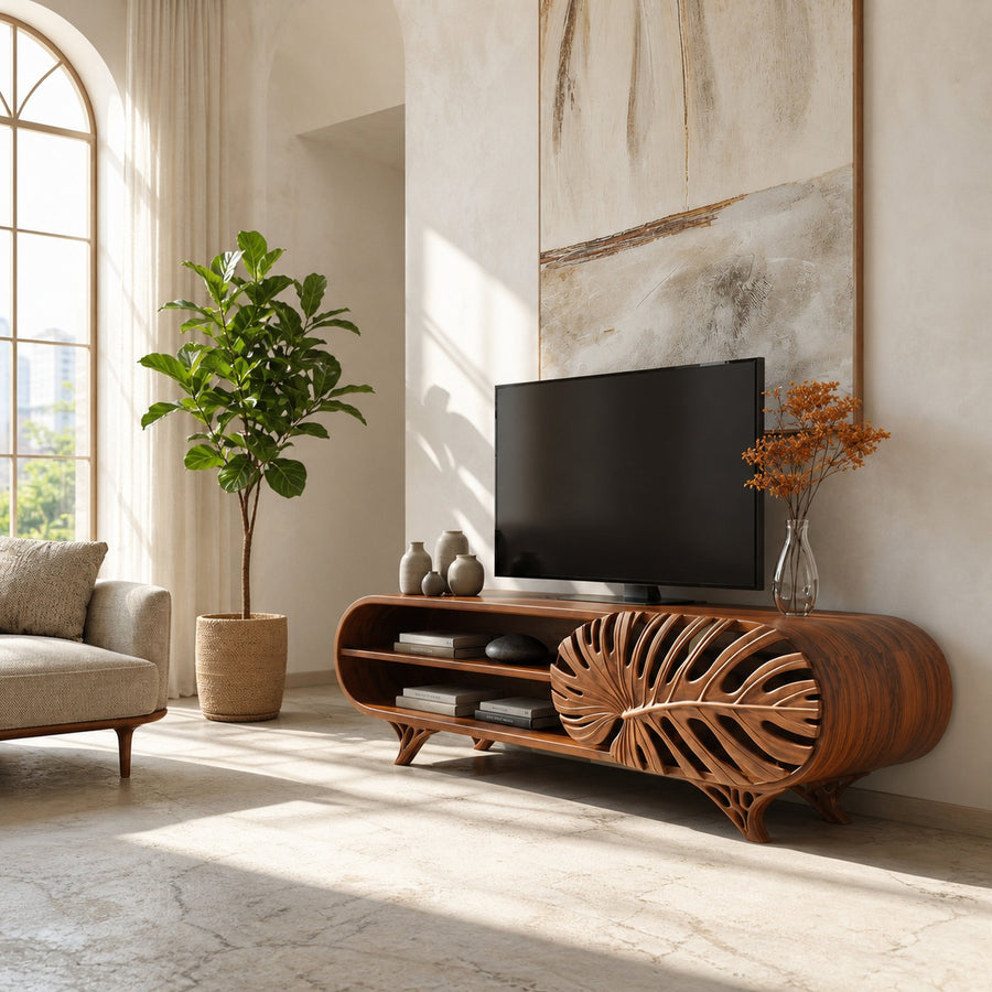 Modern Wooden TV Cabinet With Leaf Shape Door For Living