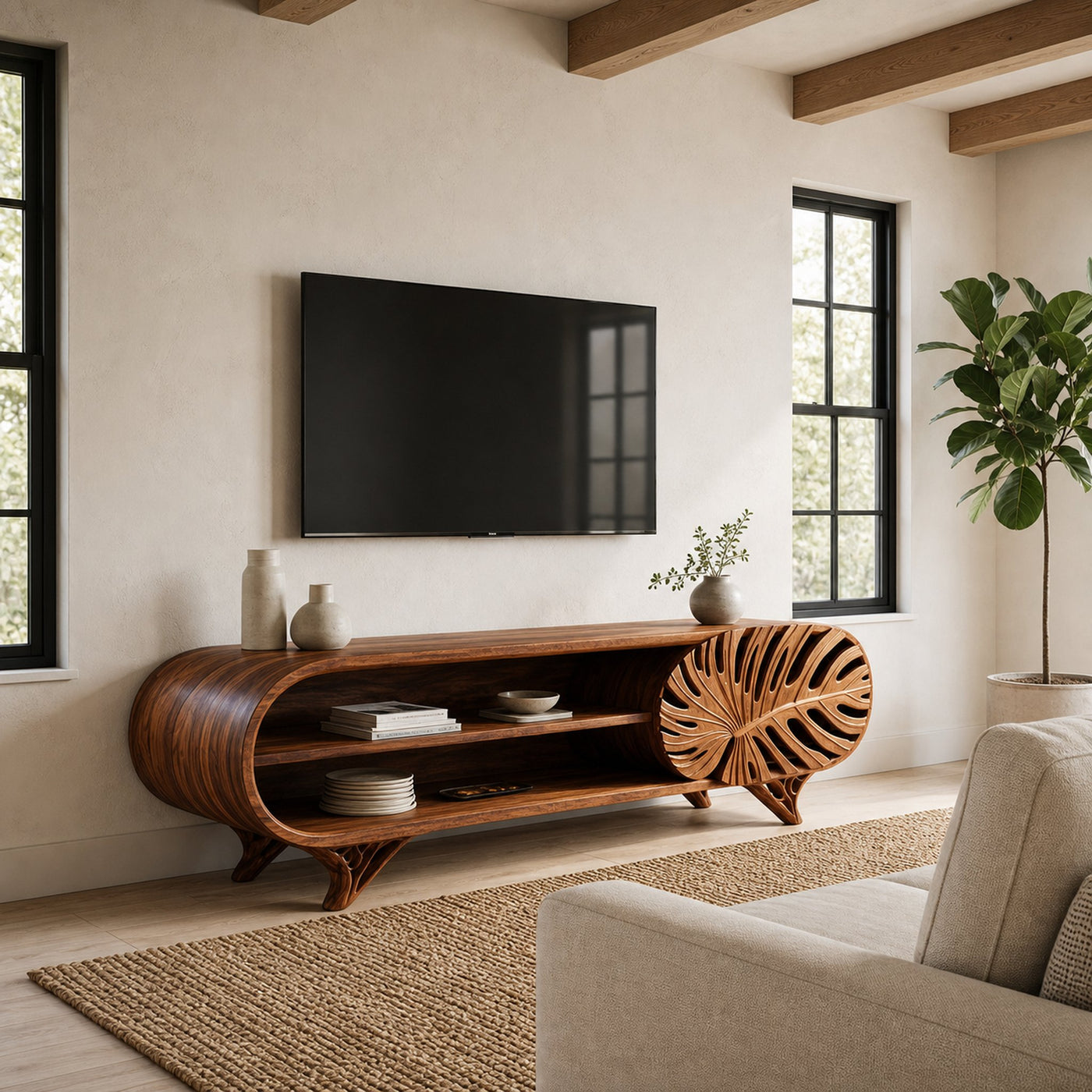 Modern Wooden TV Cabinet With Leaf Shape Door For Living - product view 6