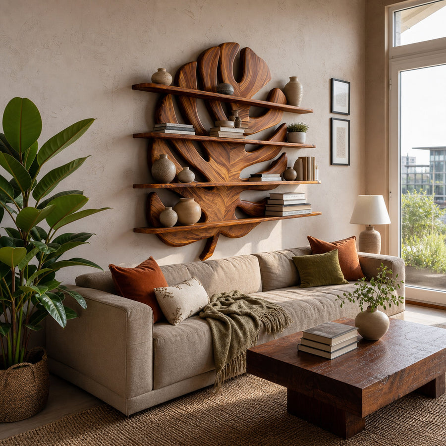 Modern Wooden Tropical Monstera Leaf Floating Bookshelf For Office