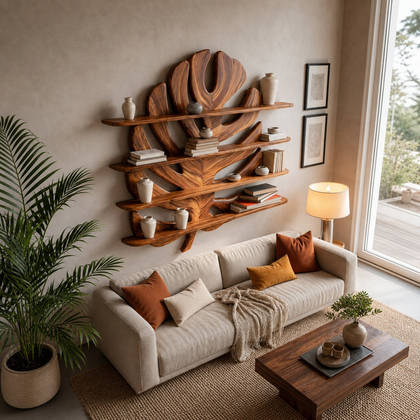 Modern Wooden Tropical Monstera Leaf Floating Bookshelf For Office - product view 6
