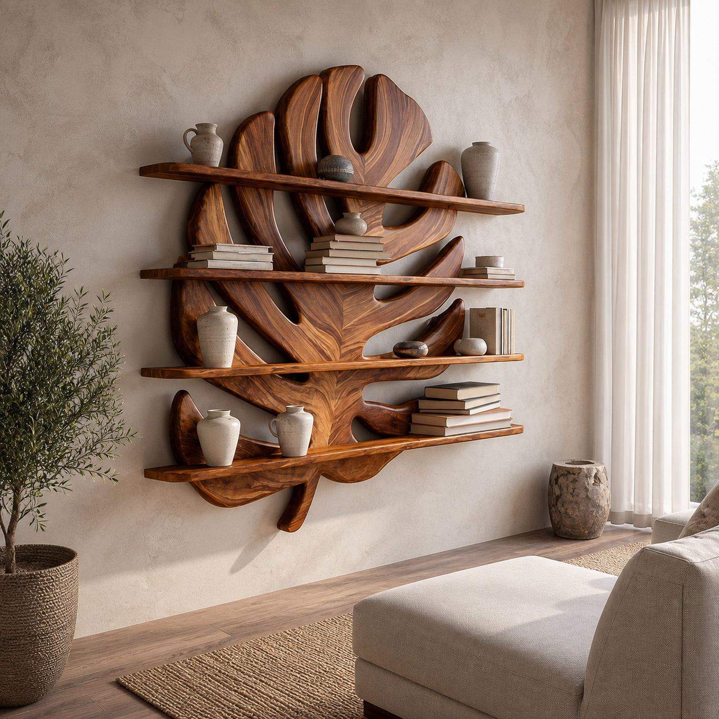 Modern Wooden Tropical Monstera Leaf Floating Bookshelf For Office - product view 7