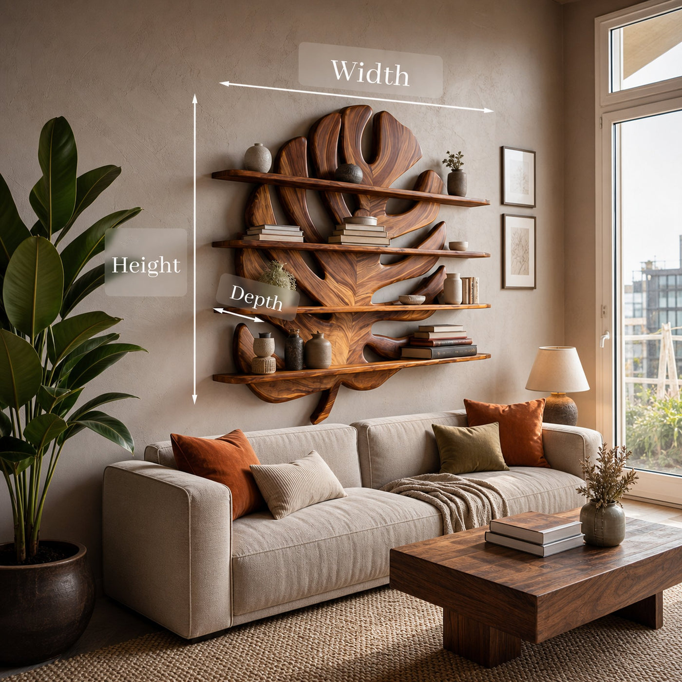 Modern Wooden Tropical Monstera Leaf Floating Bookshelf For Office - product view 8