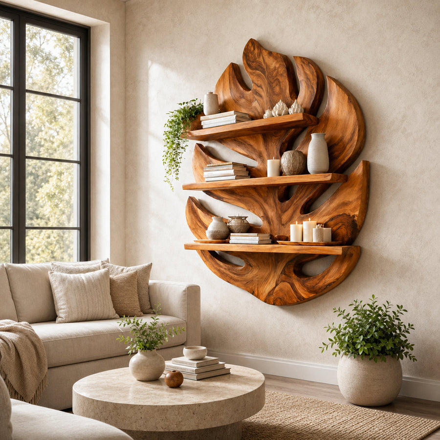Monstera Leaf Wooden Bookshelf For Living Wall Decor