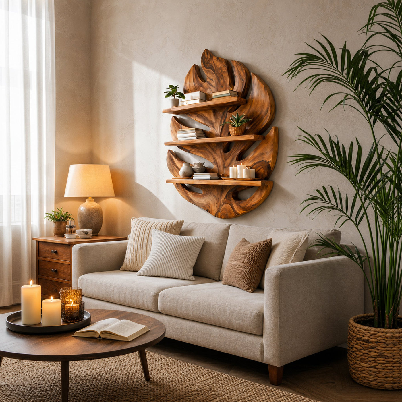 Monstera Leaf Wooden Bookshelf For Living Wall Decor - product view 7