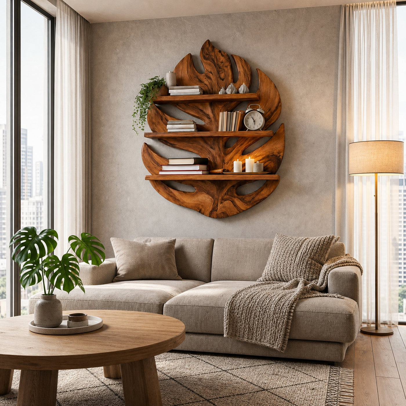 Monstera Leaf Wooden Bookshelf For Living Wall Decor - product view 8