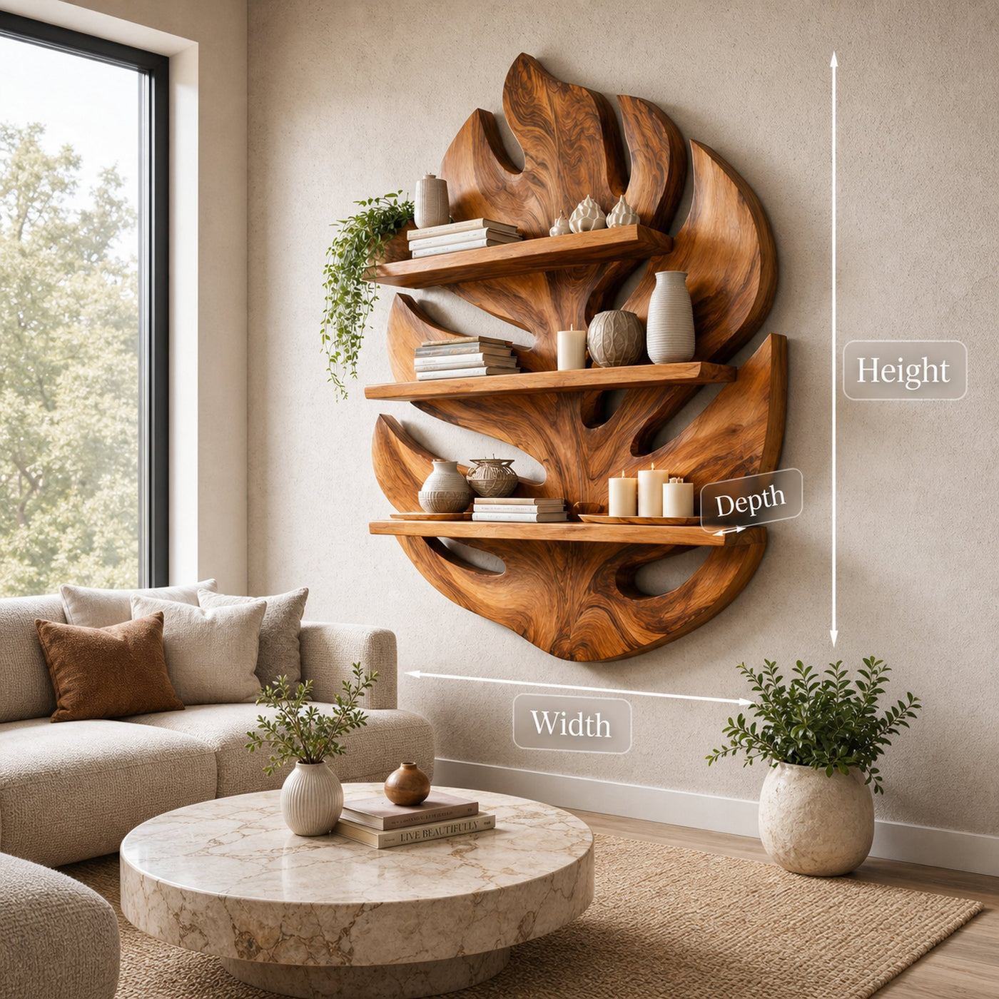 Monstera Leaf Wooden Bookshelf For Living Wall Decor - product view 9