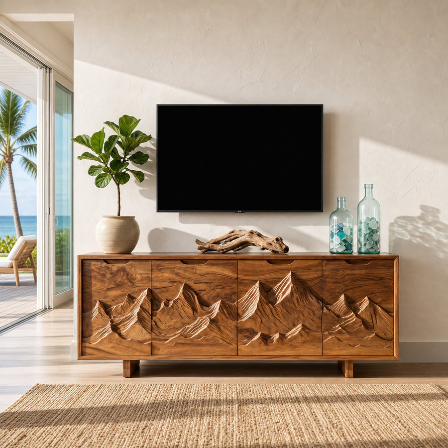 Mountain Carved Media Console For Rustic Living Room