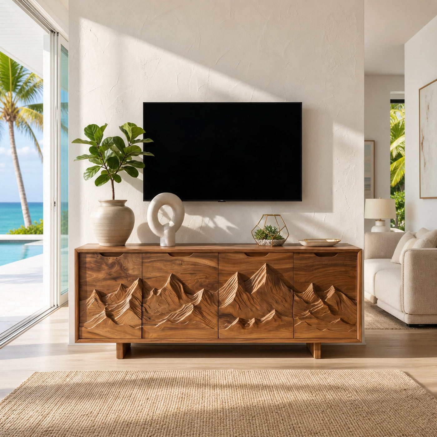 Mountain Carved Media Console For Rustic Living Room - product view 6
