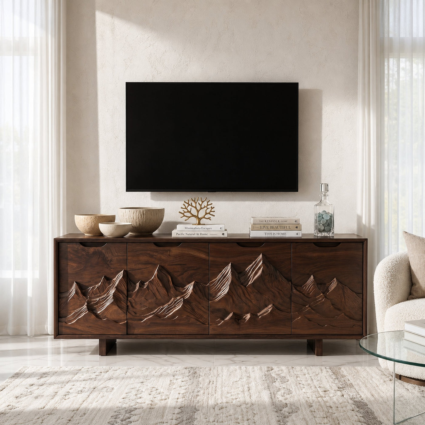 Mountain Carved Media Console For Rustic Living Room - product view 7