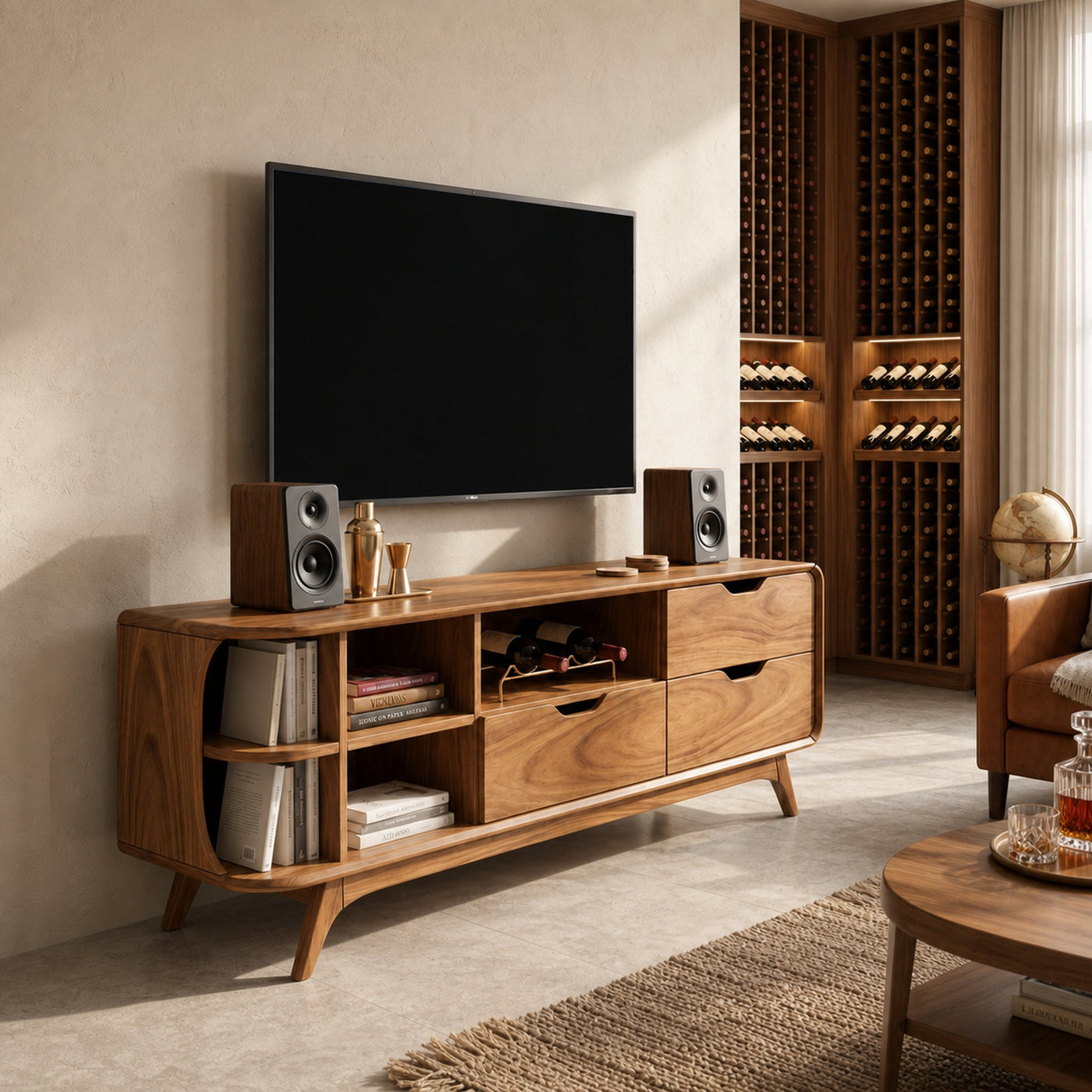 Mountain Carved Media Console For Rustic Living Room