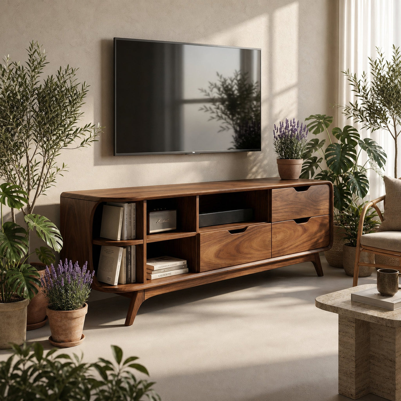 Mountain Carved Media Console For Rustic Living Room - product view 6