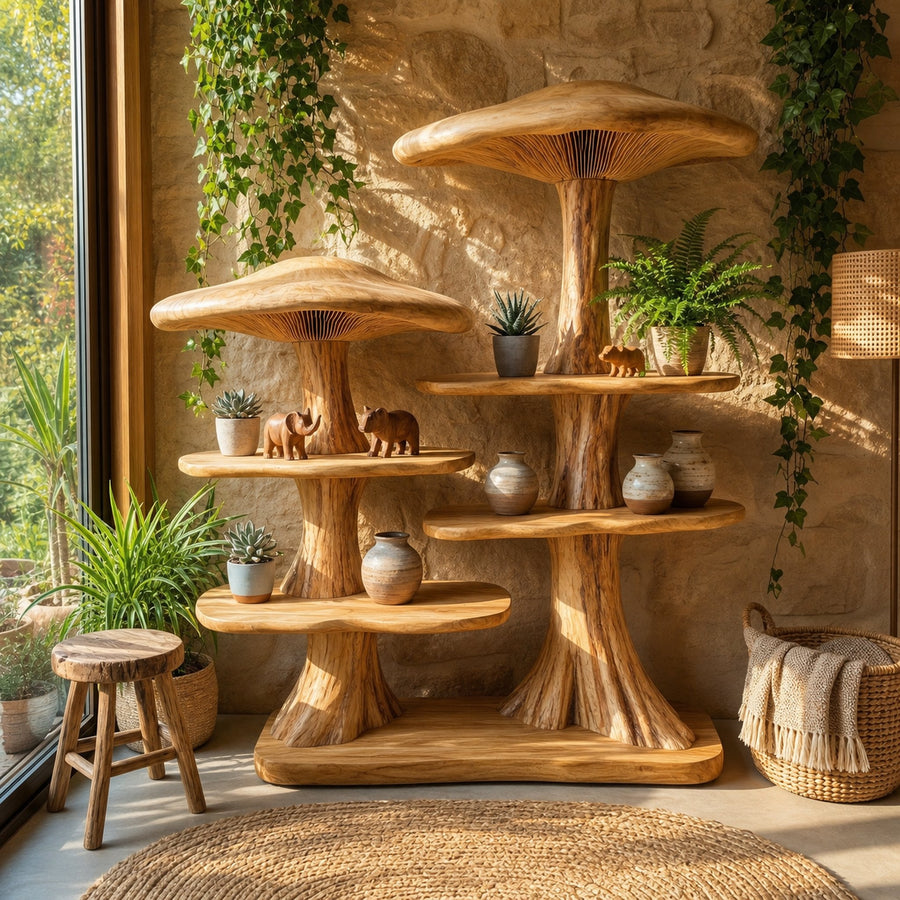 Mushroom Tree Bookshelf With Handcrafted Solid Wood Structure For Reading Corner
