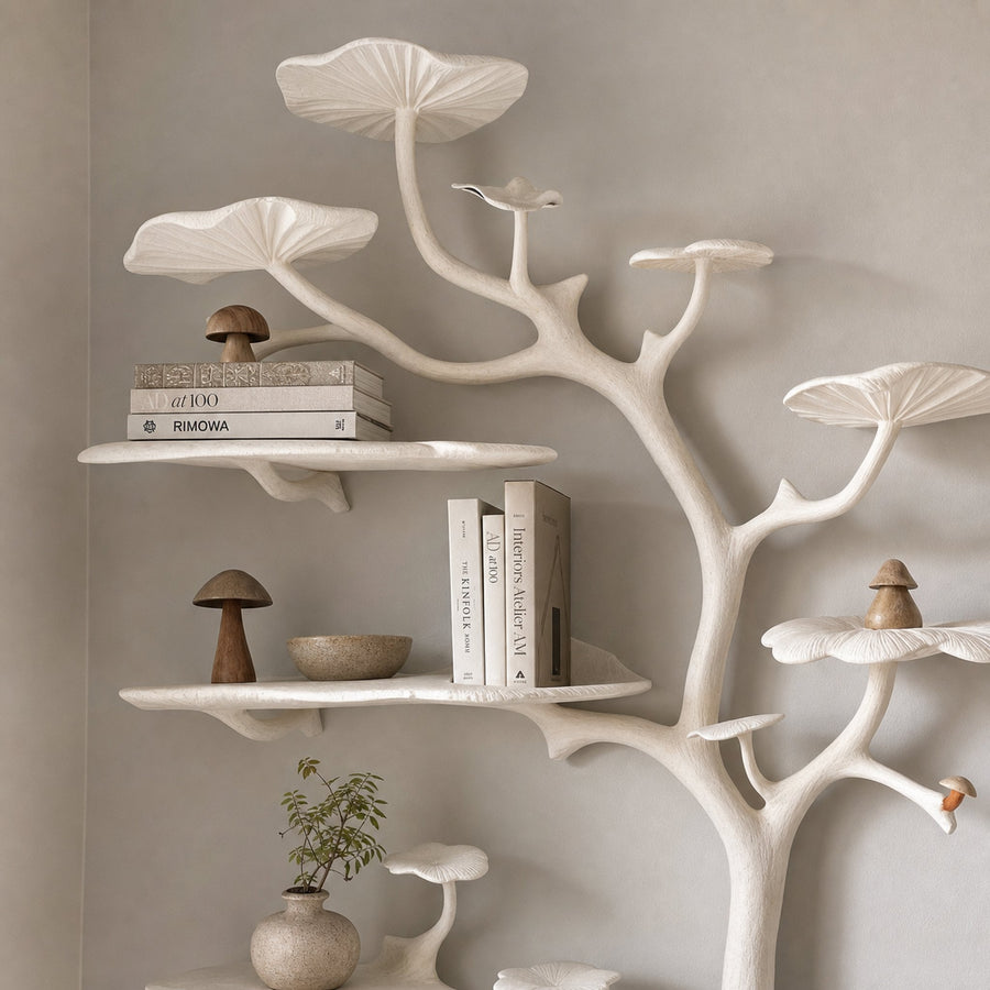 Natural Mushroom Tree Bookshelf Wall Mounted Wild Mulberry Wood Decor