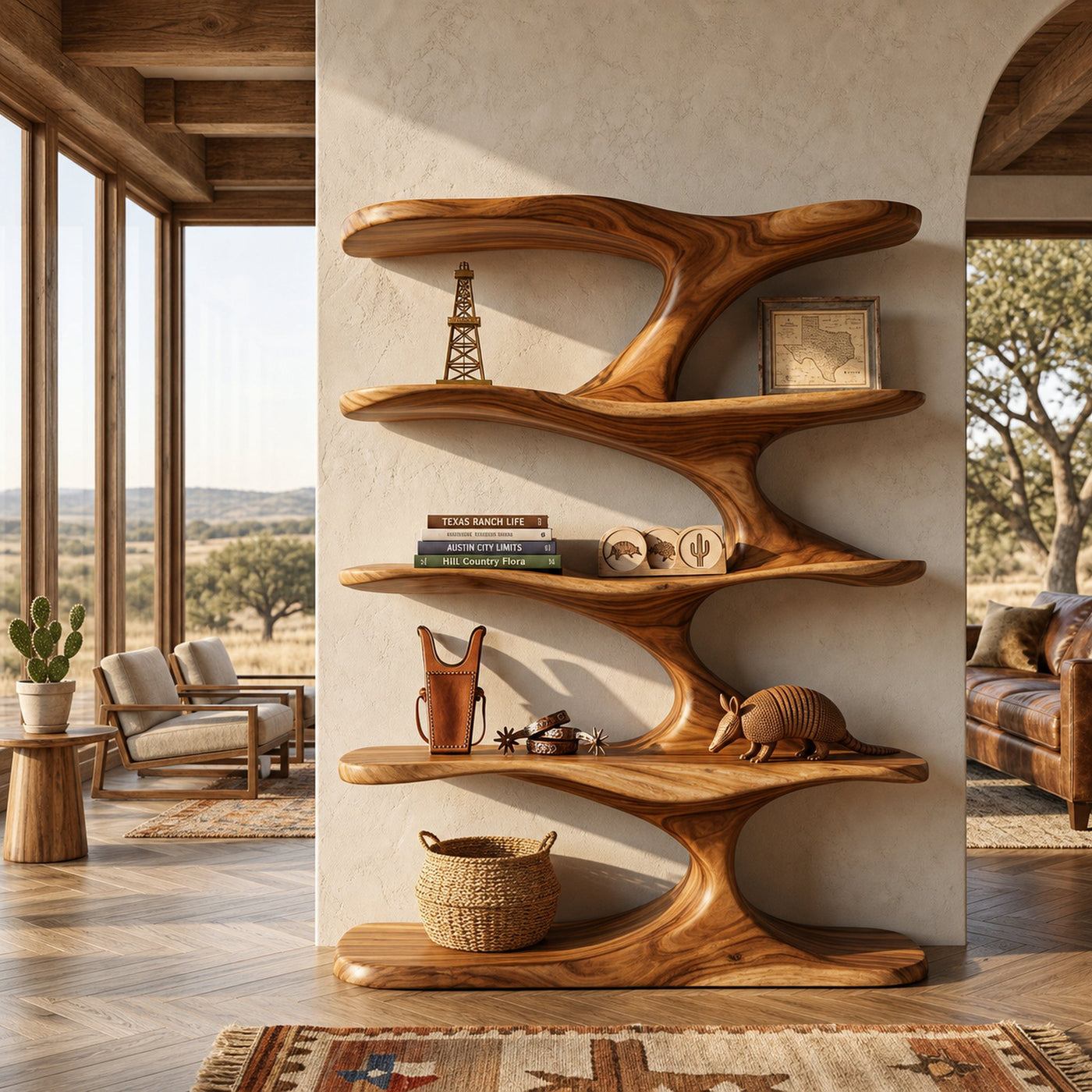 Natural Wood Bookshelf With Decorative Open Shelving For Living Room