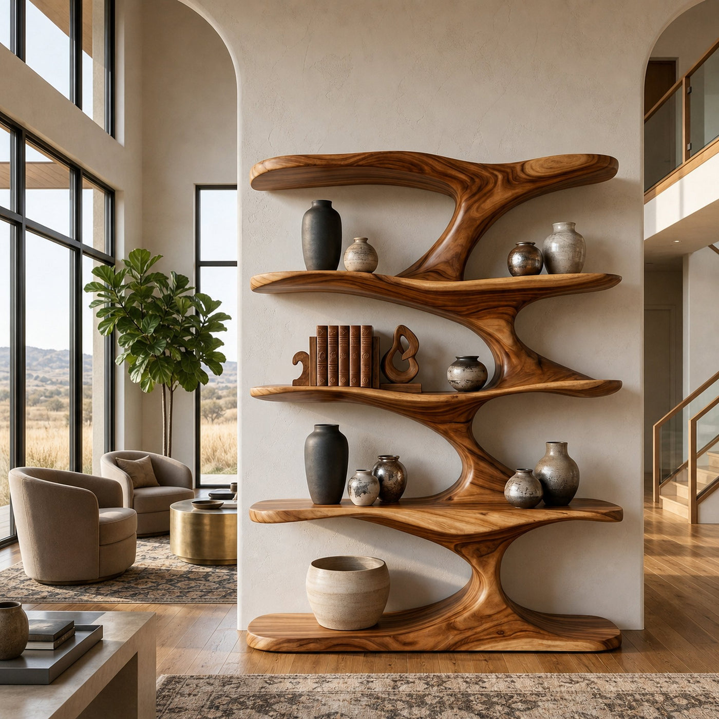 Natural Wood Bookshelf With Decorative Open Shelving For Living Room - product view 6