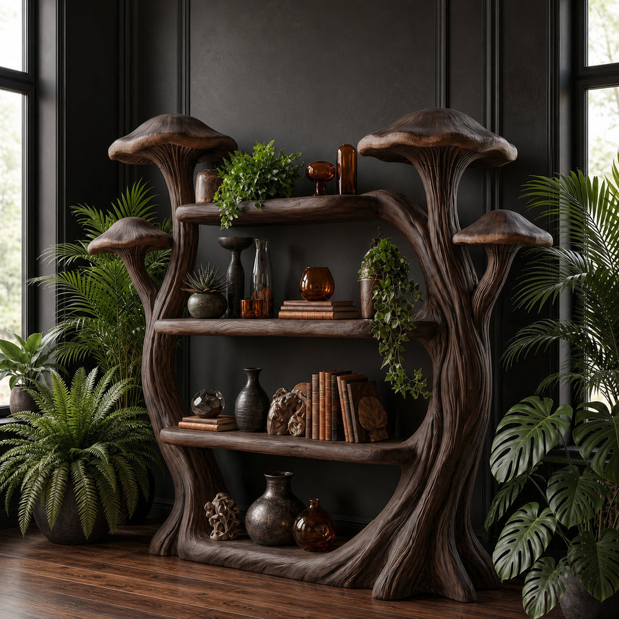 Natural Wood Mushroom Bookcase For Living Room And Reading Room