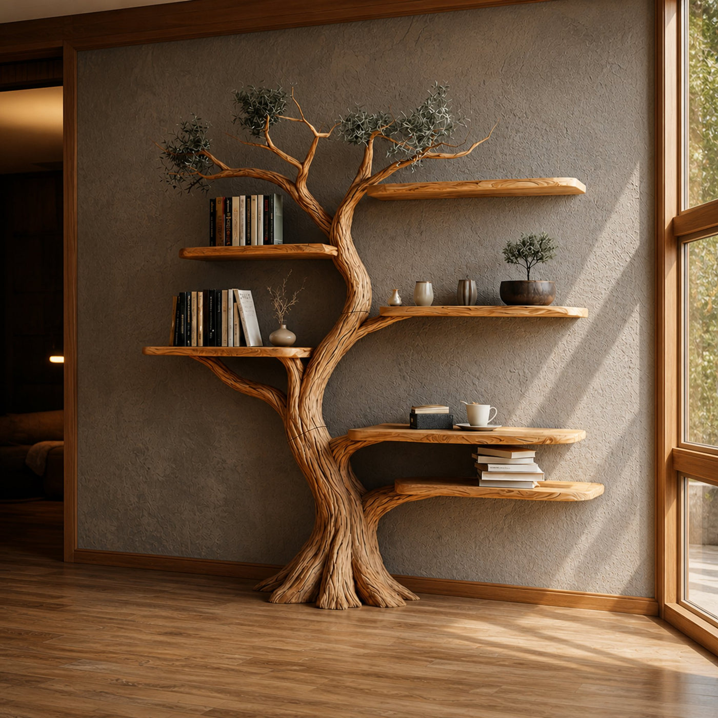 Natural Wood Tree Bookshelf Interior Design