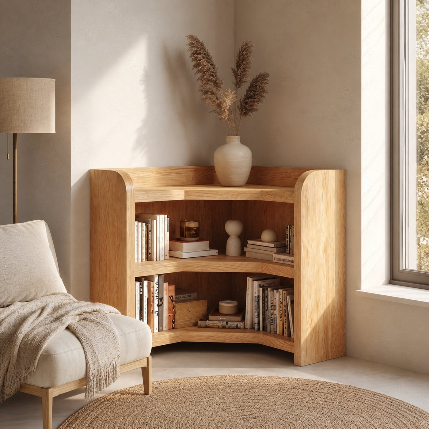 Natural Wooden Bookshelf With Rounded Edges And Open Shelves For Living Room And Bedroom