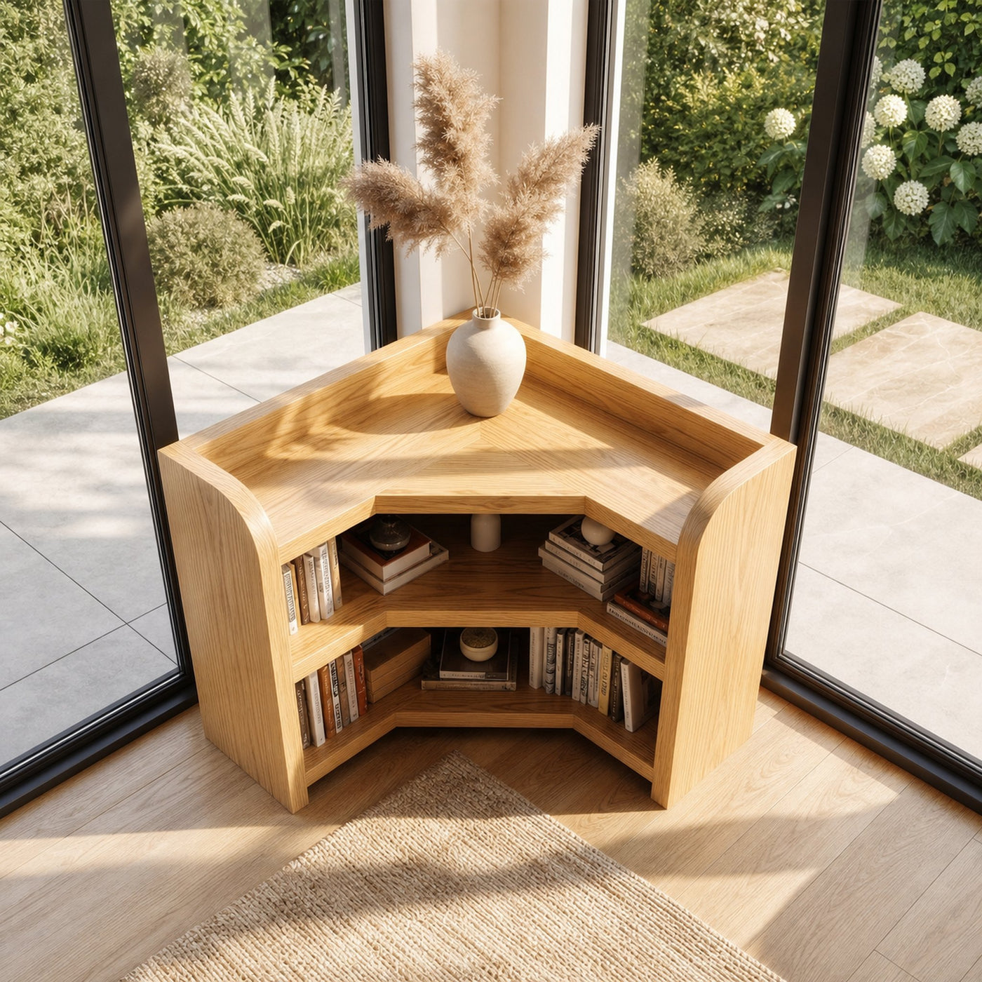 Natural Wooden Bookshelf With Rounded Edges And Open Shelves For Living Room And Bedroom - product view 2
