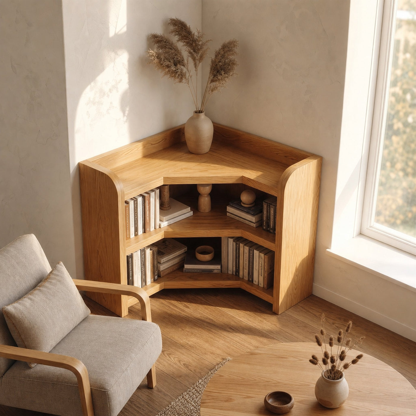 Natural Wooden Bookshelf With Rounded Edges And Open Shelves For Living Room And Bedroom - product view 3