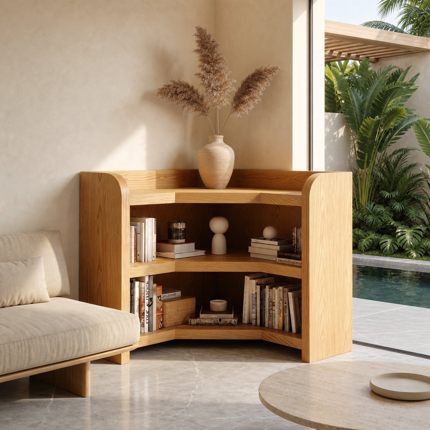 Natural Wooden Bookshelf With Rounded Edges And Open Shelves For Living Room And Bedroom - product view 5