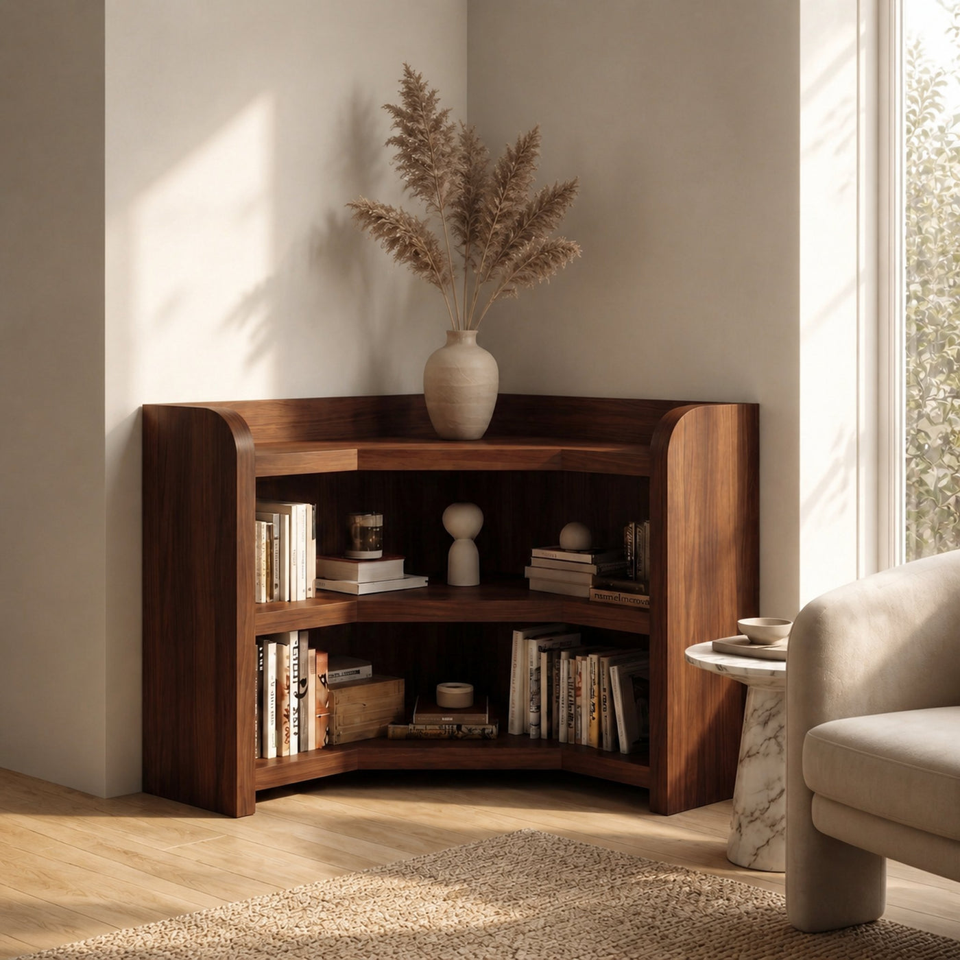 Natural Wooden Bookshelf With Rounded Edges And Open Shelves For Living Room And Bedroom - product view 7