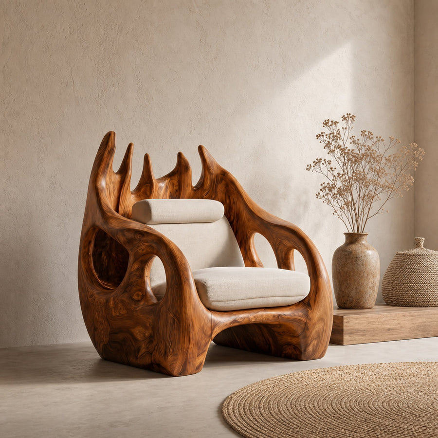 Nature Inspired Armchair With Handcrafted Wooden Structure For Living Room