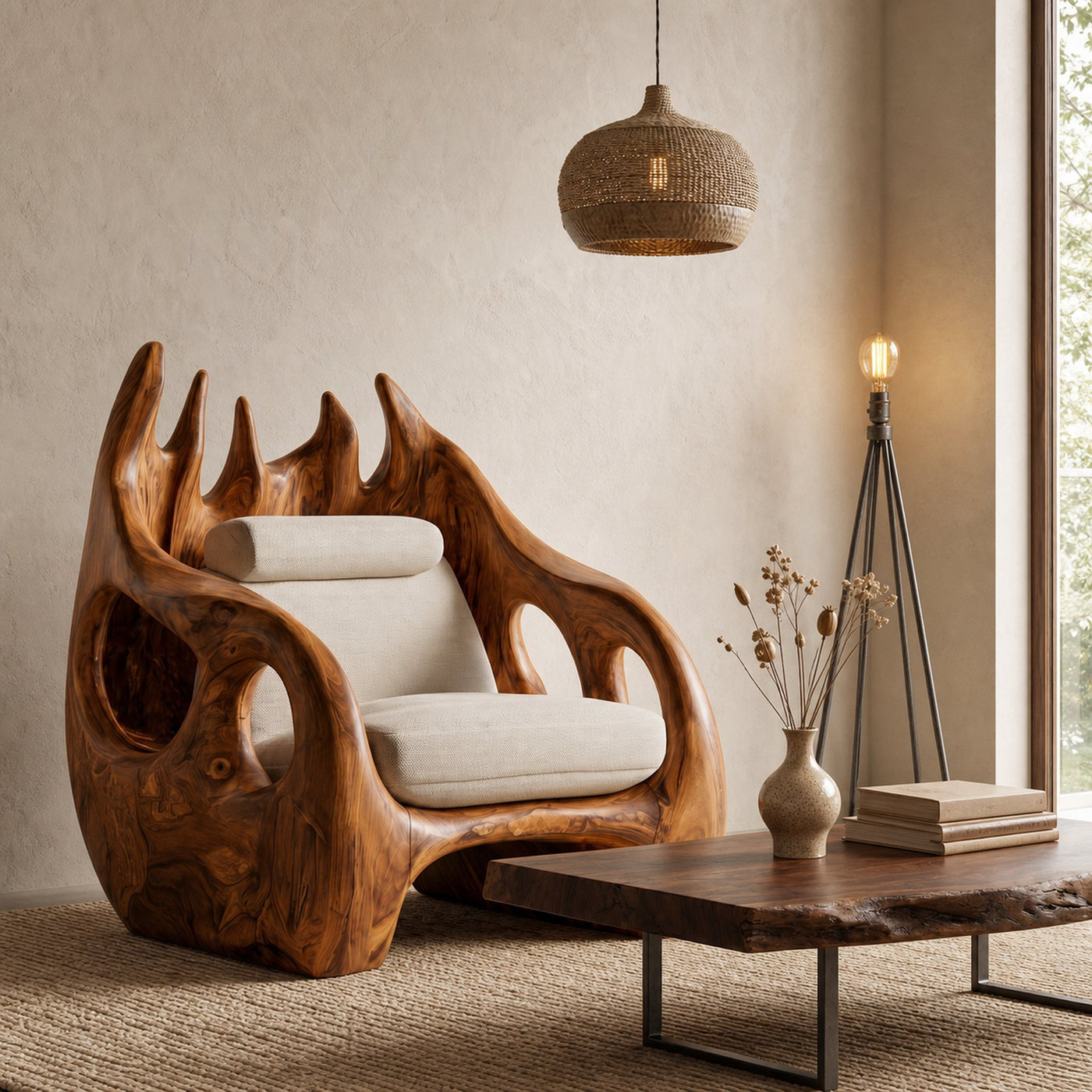 Nature Inspired Armchair With Handcrafted Wooden Structure For Living Room - product view 6