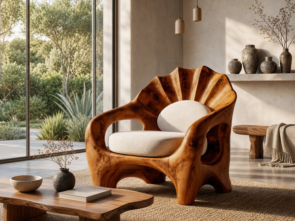 Nature Inspired Armchair With Sculptural Solid Wood Frame For Living Room And Bedroom