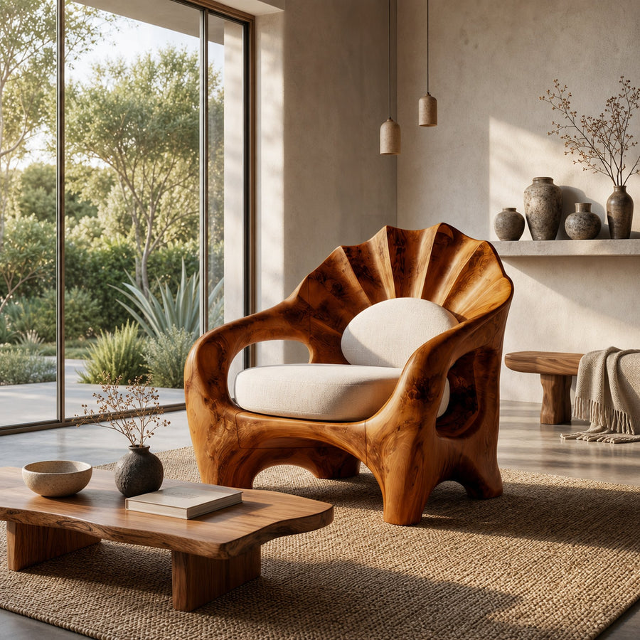 Nature Inspired Armchair With Sculptural Solid Wood Frame For Living Room And Bedroom