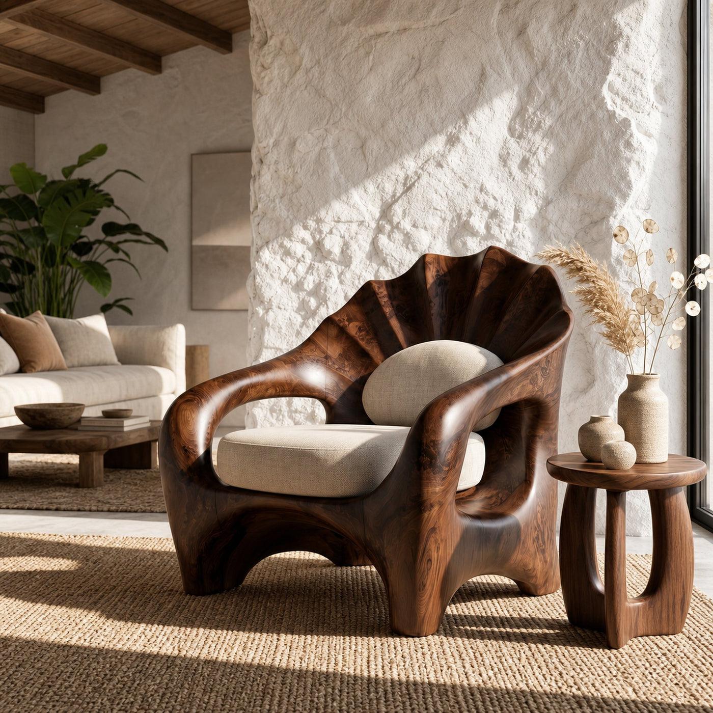 Nature Inspired Armchair With Sculptural Solid Wood Frame For Living Room And Bedroom - product view 7