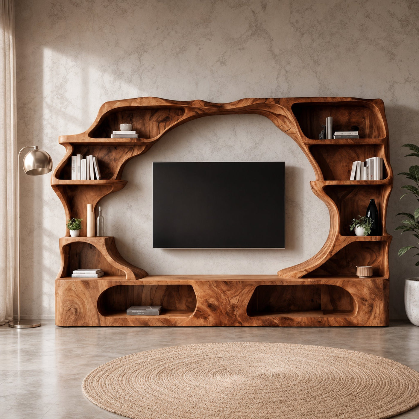 Nature Inspired Entertainment Center With Organic Display Shelves For Living Room
