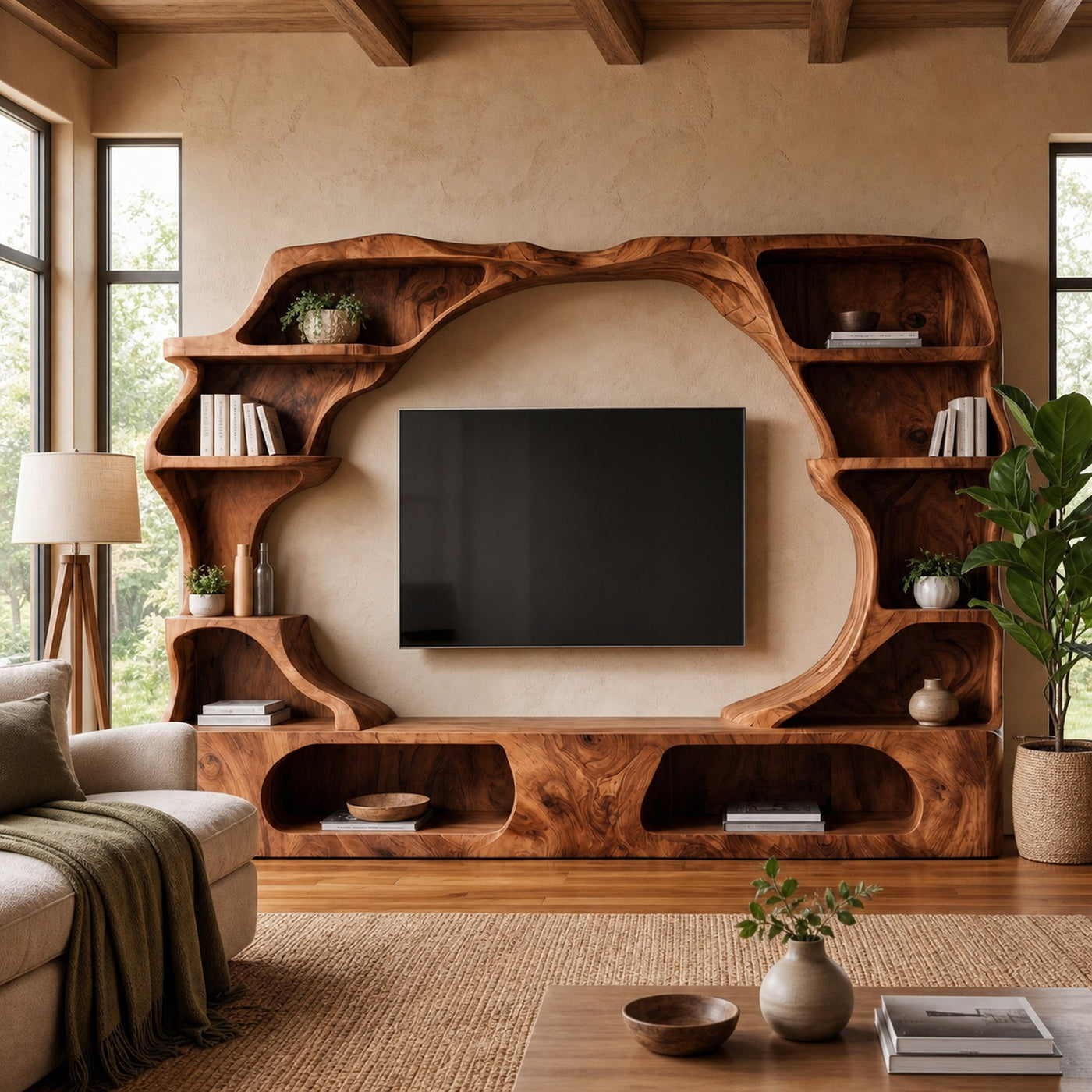 Nature Inspired Entertainment Center With Organic Display Shelves For Living Room - product view 6