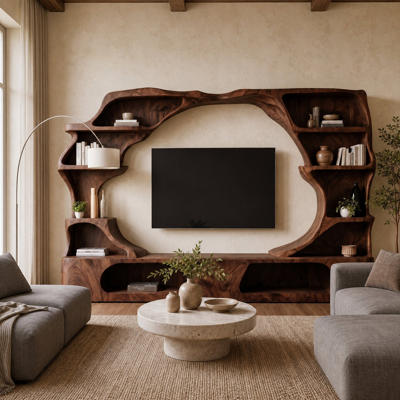 Nature Inspired Entertainment Center With Organic Display Shelves For Living Room - product view 7