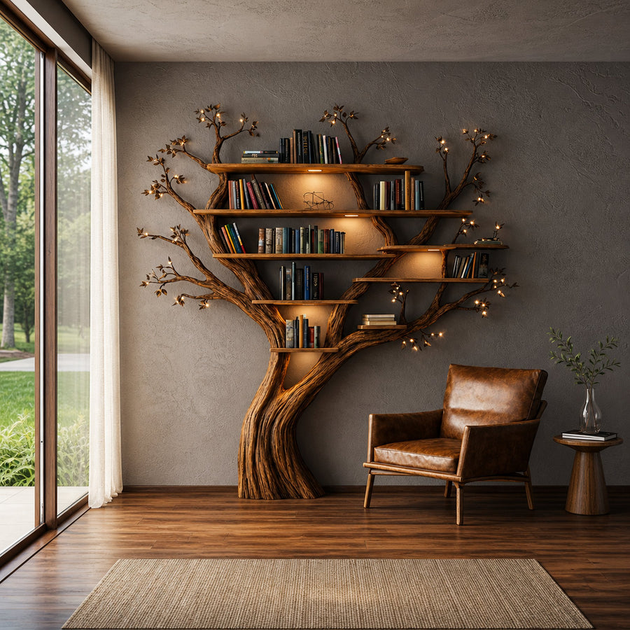 Nature Inspired Handcrafted Tree Bookshelf Living Room Interior Biophilic Wall Feature