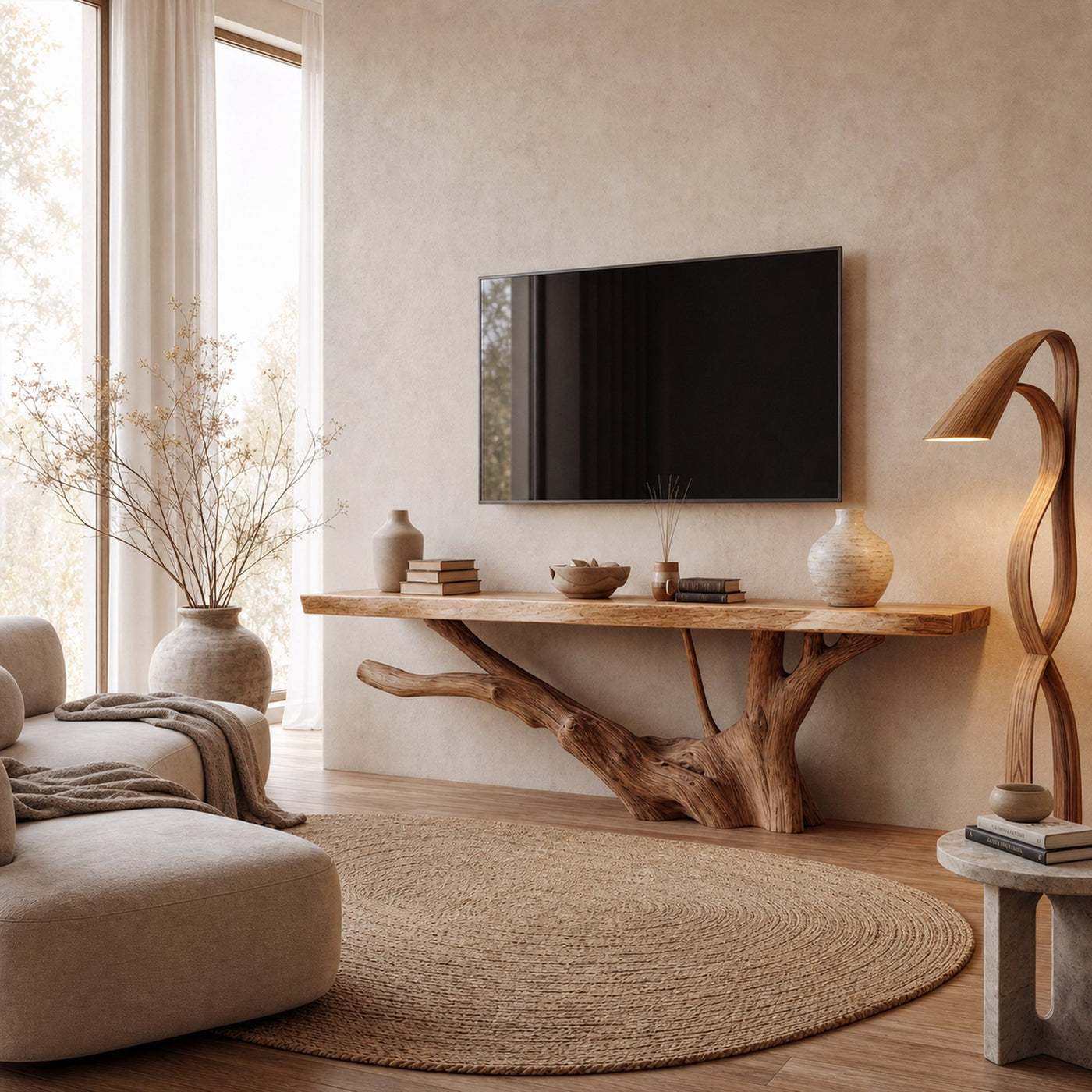Nature Inspired TV Stand With Handcrafted Tree Root Design For Living Room