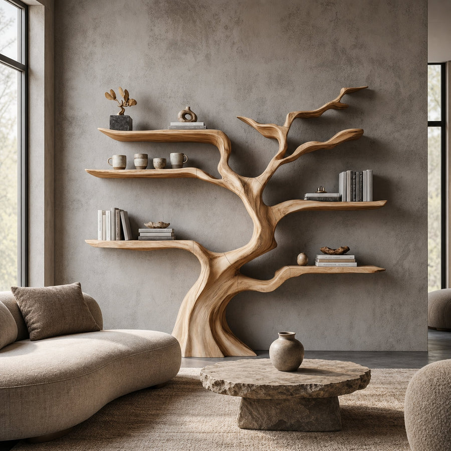 Nature Inspired Tree Bookshelf With Floating Wooden Shelves For Living Room Decor