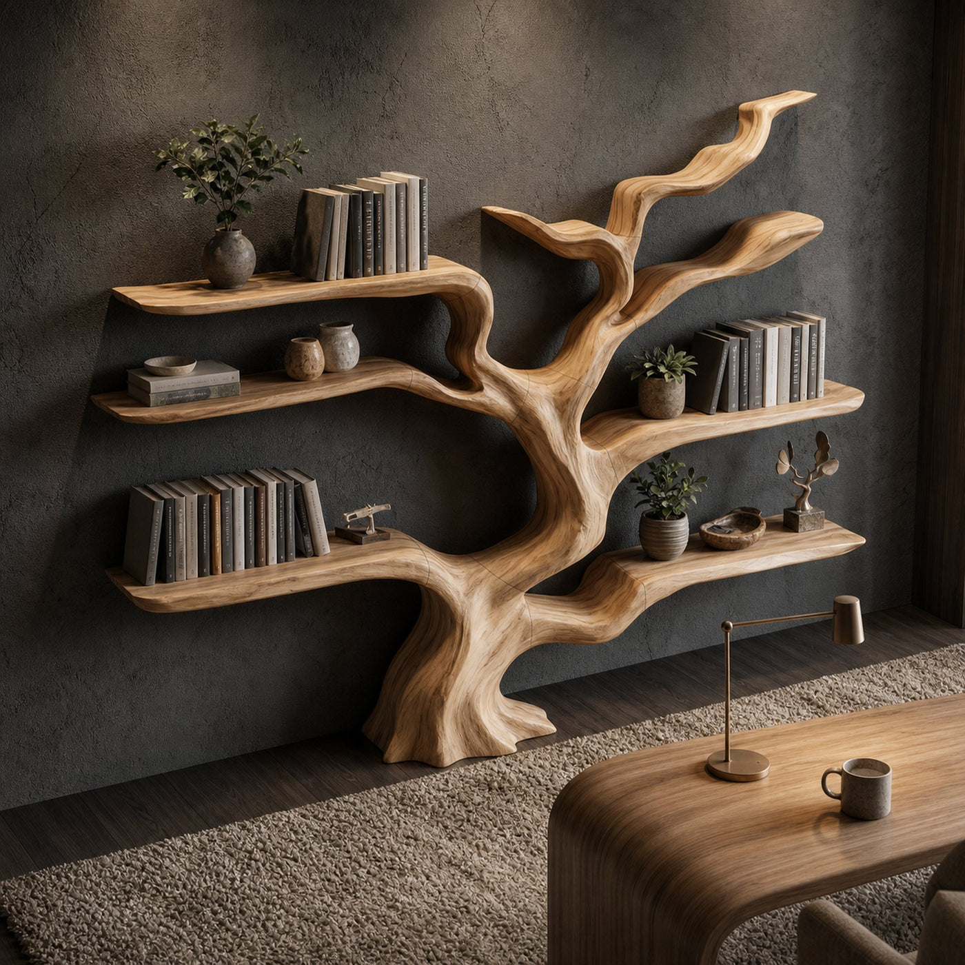 Nature Inspired Tree Bookshelf With Floating Wooden Shelves For Living Room Decor - product view 2