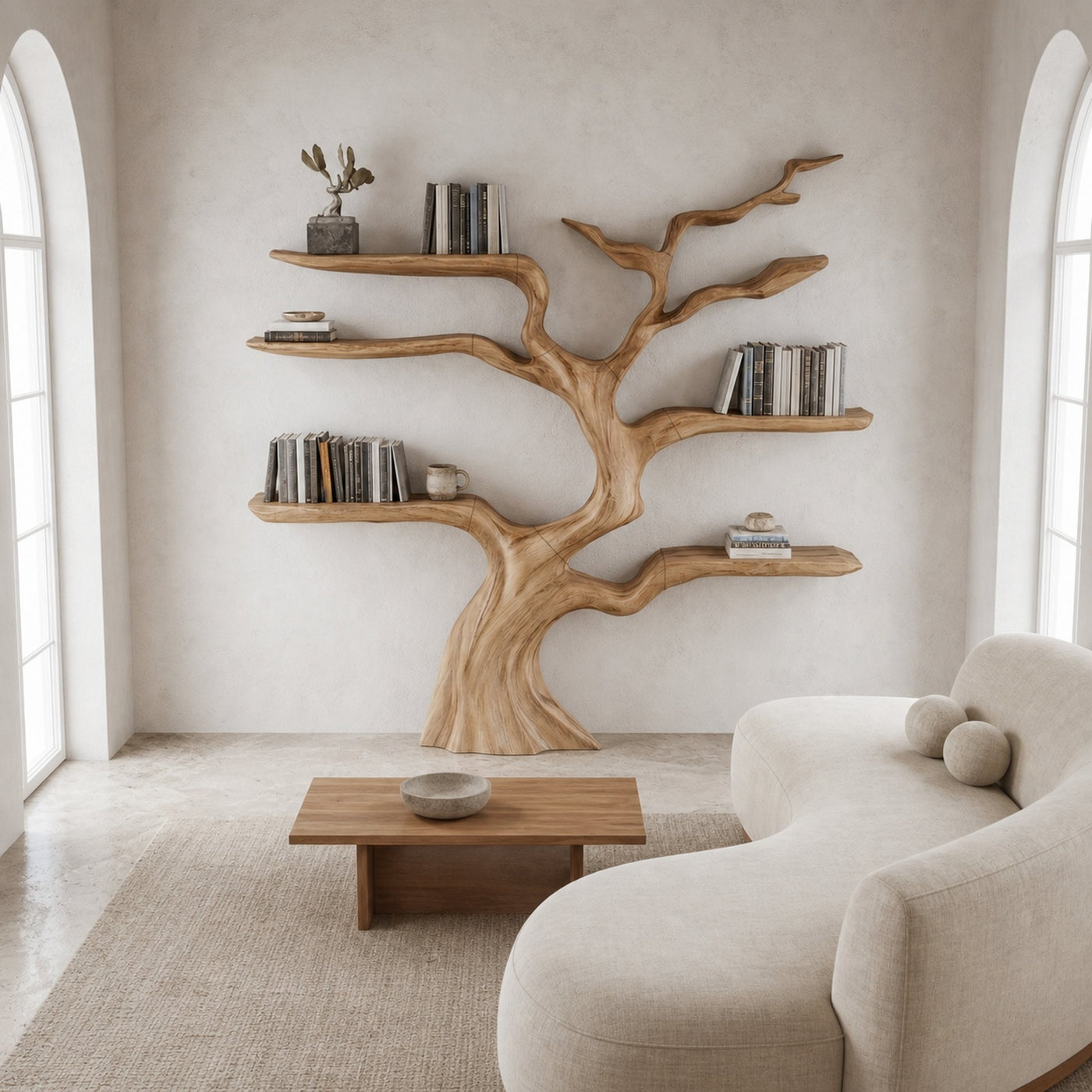 Nature Inspired Tree Bookshelf With Floating Wooden Shelves For Living Room Decor - product view 3