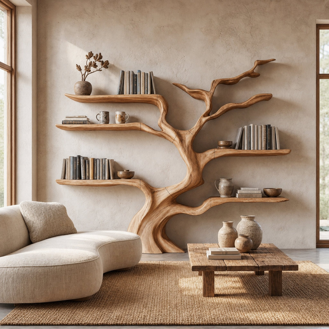 Nature Inspired Tree Bookshelf With Floating Wooden Shelves For Living Room Decor - product view 5