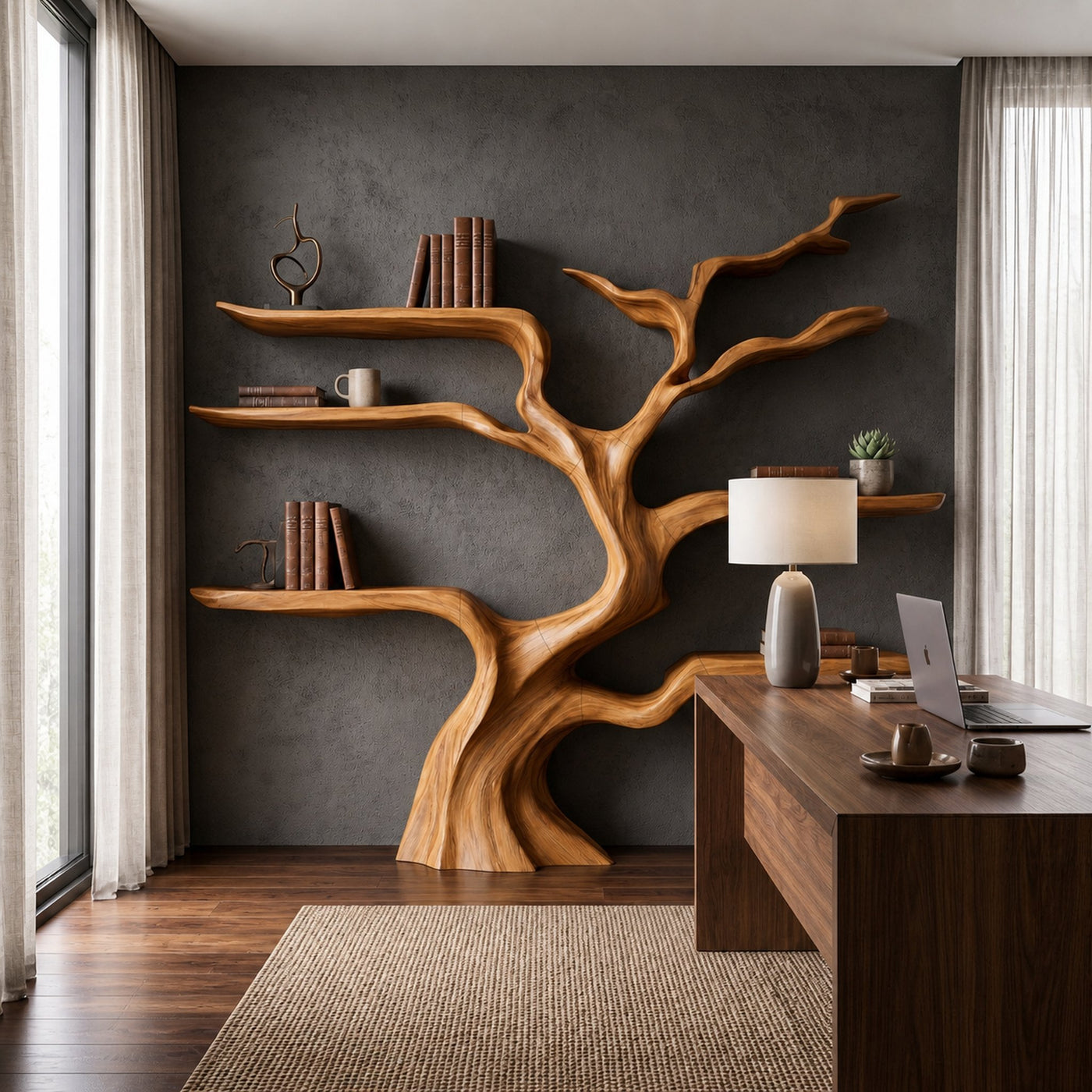 Nature Inspired Tree Bookshelf With Floating Wooden Shelves For Living Room Decor - product view 6