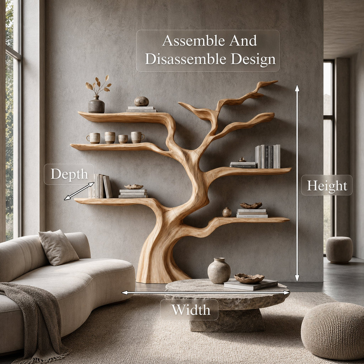 Nature Inspired Tree Bookshelf With Floating Wooden Shelves For Living Room Decor - product view 8