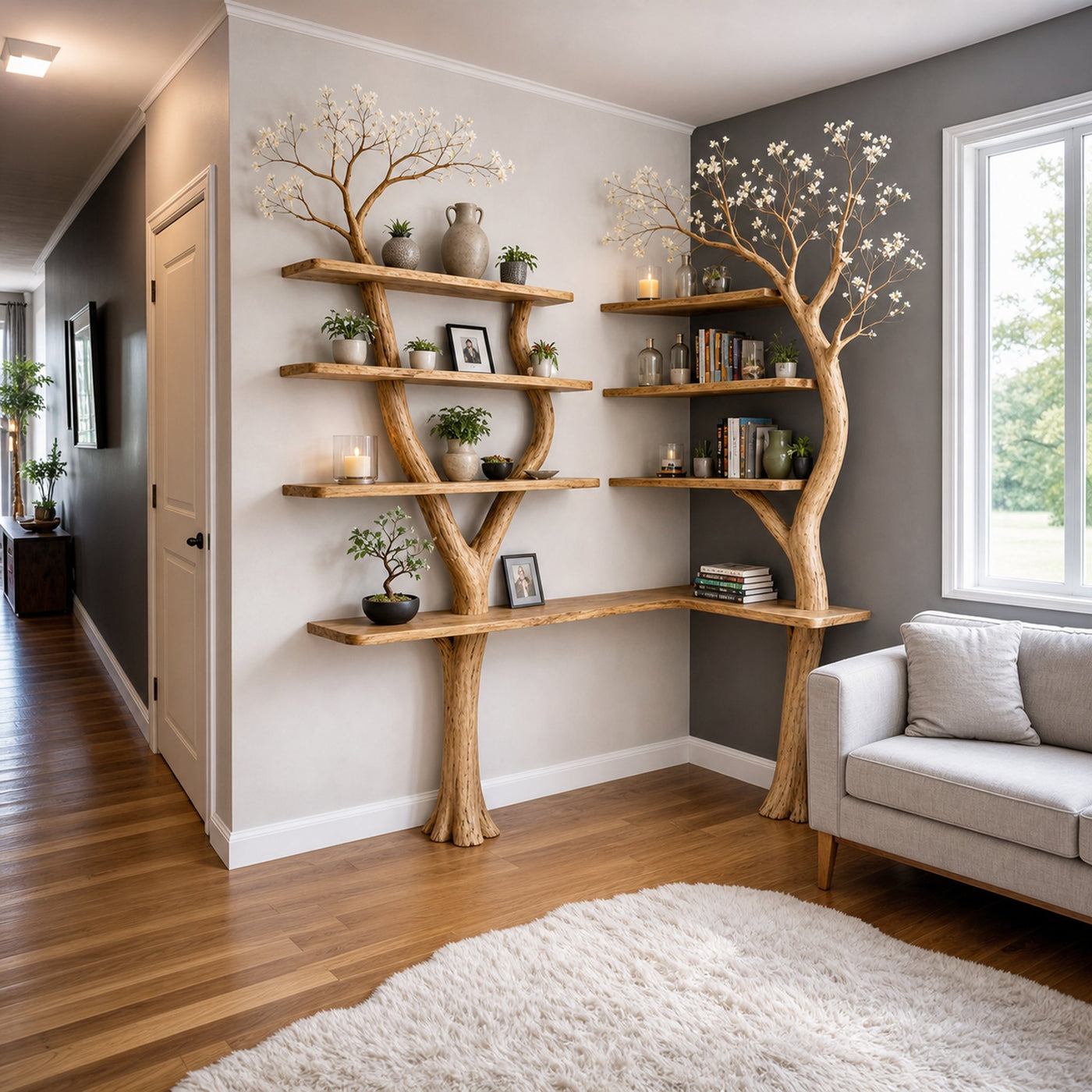 Nature Inspired Tree Display Bookcase Solid Wood Living Room Interior Wall Feature