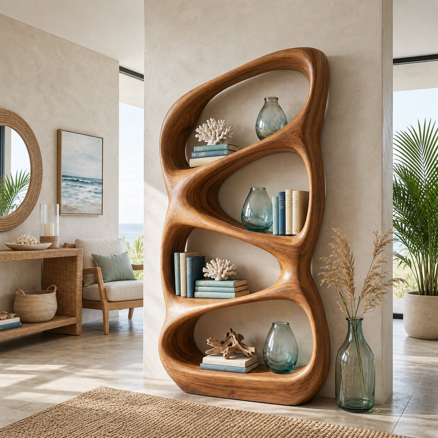 Nature Inspired Wooden Bookshelf With Organic Form For Contemporary Living