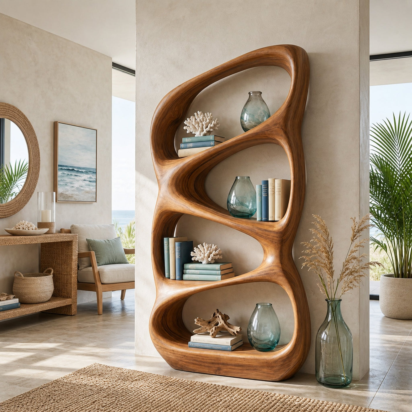 Nature Inspired Wooden Bookshelf With Organic Form For Contemporary Living