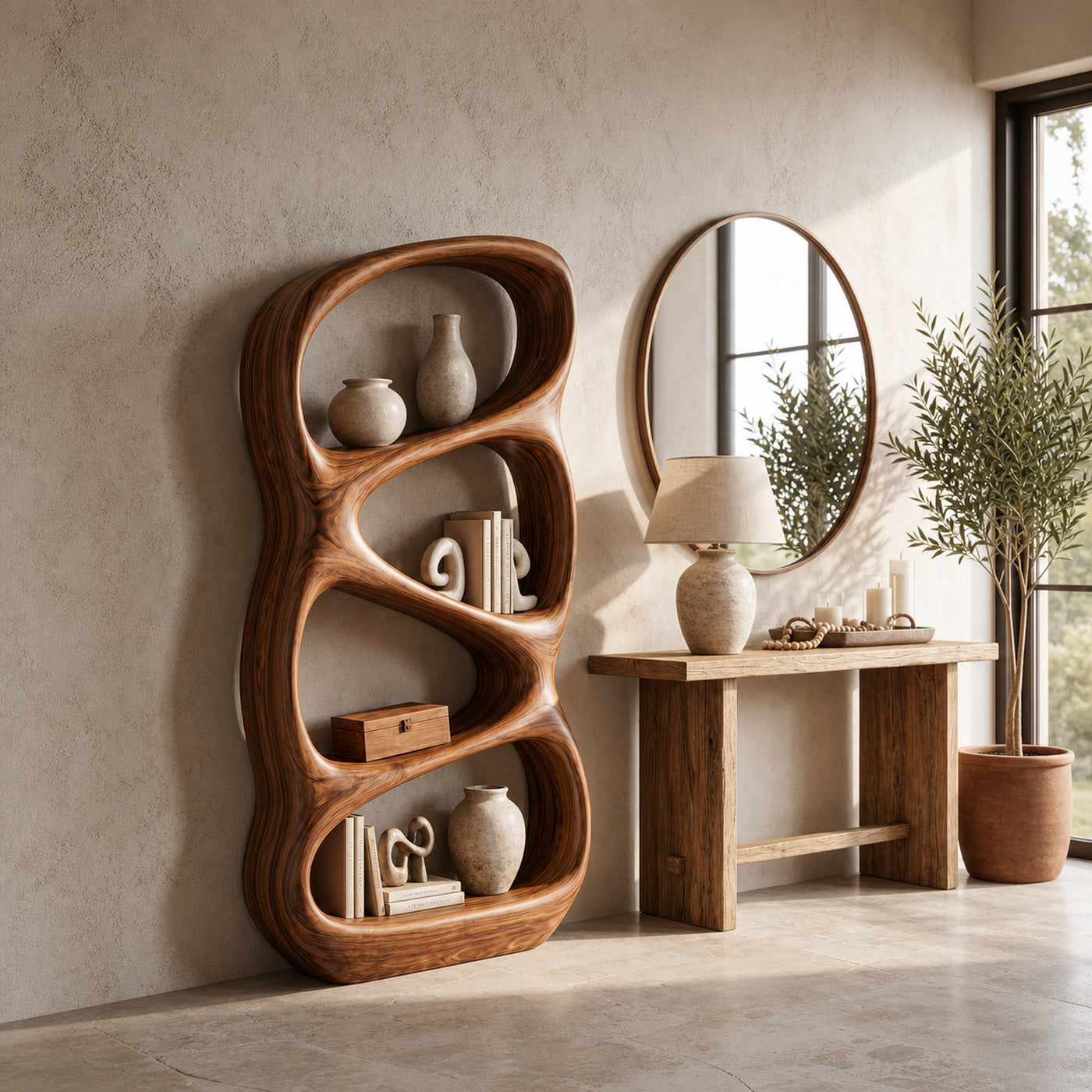 Nature Inspired Wooden Bookshelf With Organic Form For Contemporary Living - product view 6