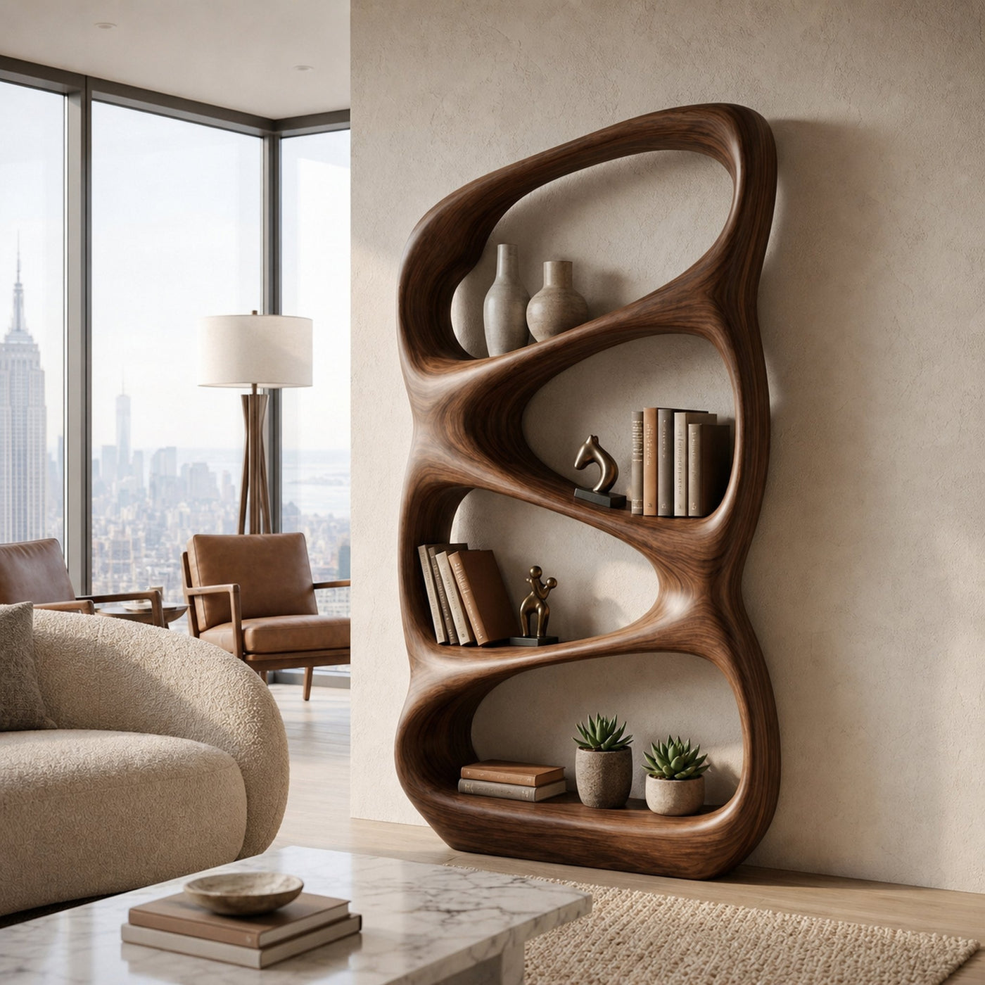 Nature Inspired Wooden Bookshelf With Organic Form For Contemporary Living - product view 7