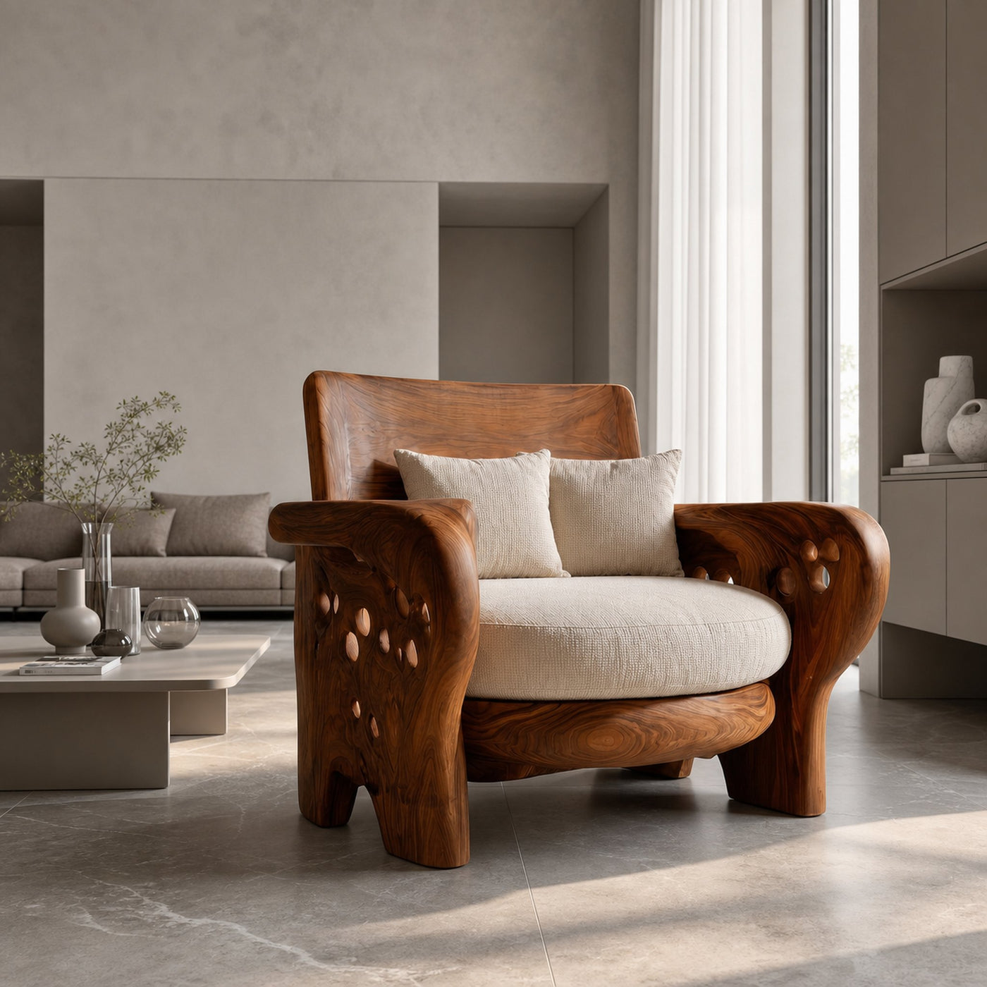 Nature Inspired Wooden Lounge Chair For Living Room