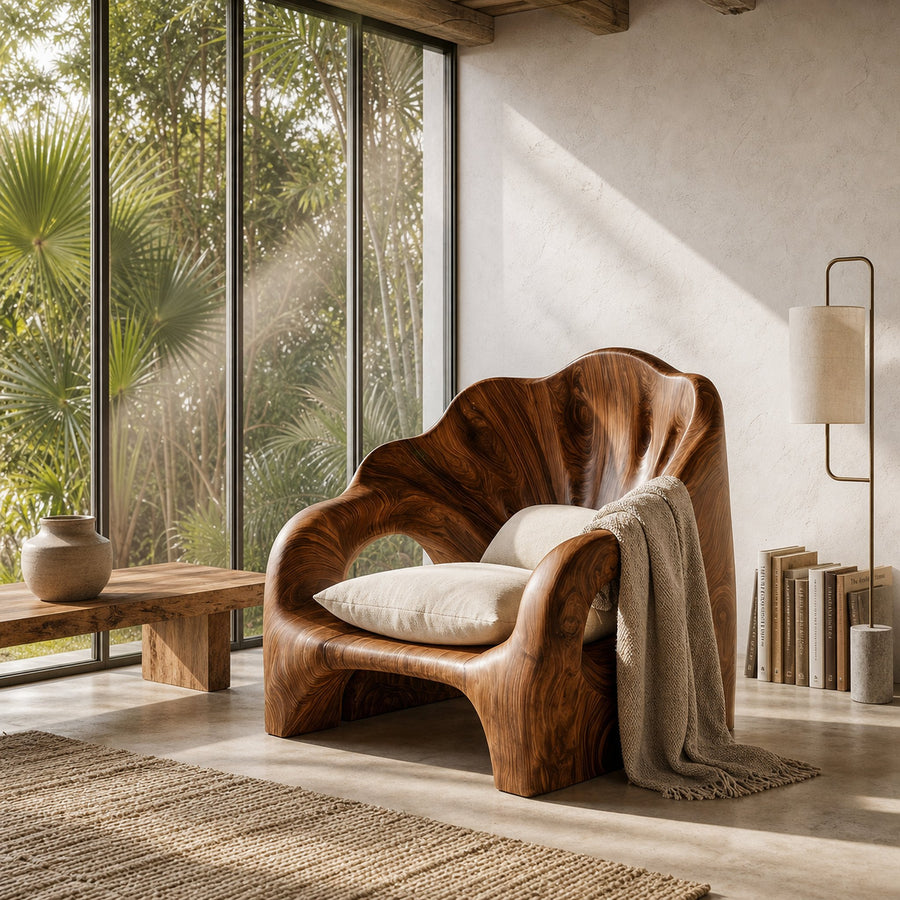 Organic Accent Chair With Artistic Wood Frame For Living Room