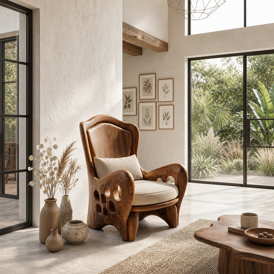 Organic Armchair With Sculptural Wood Frame For Living Room And Reading Nook